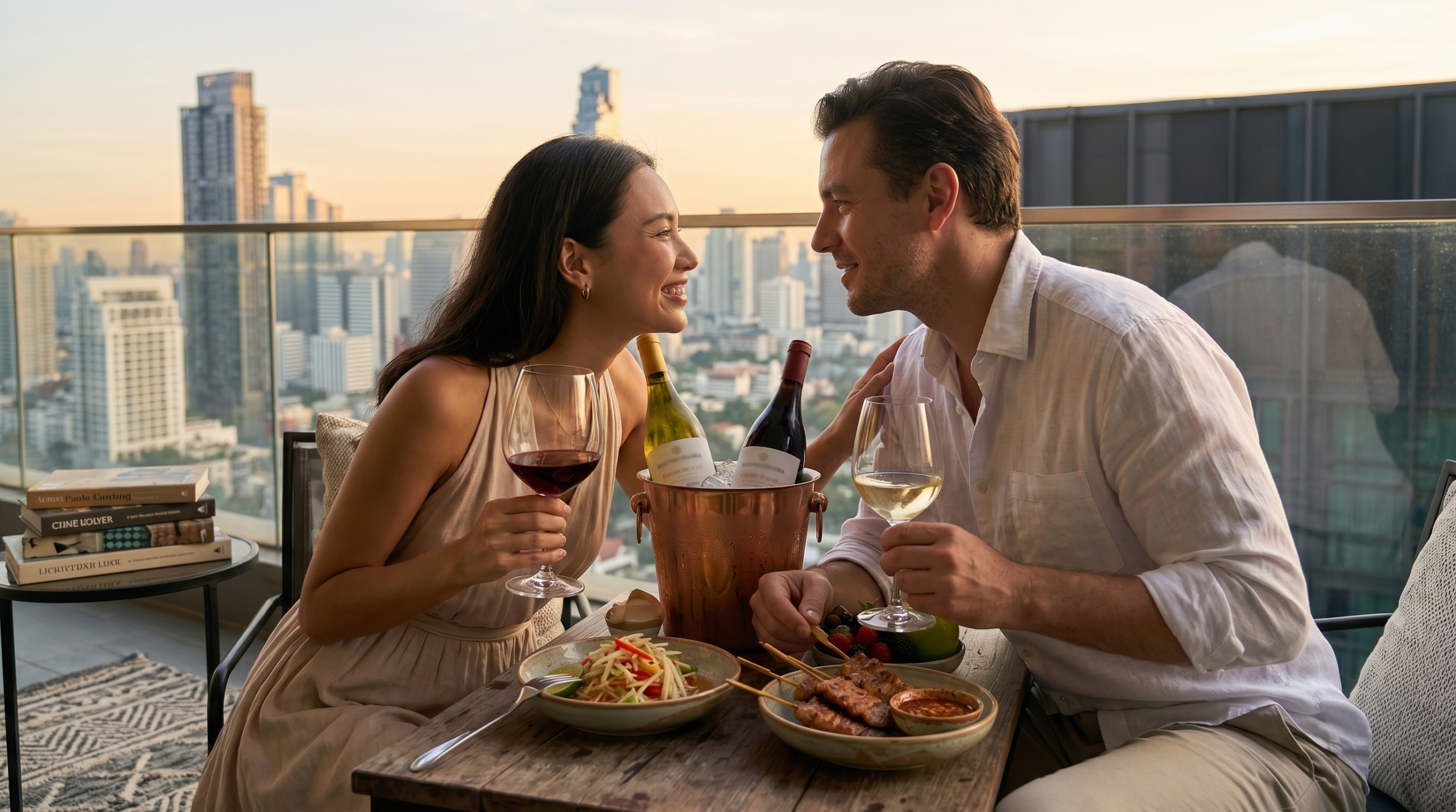 A man and woman relaxing on a private Bangkok condo balcony at golden hour, drinking light, refreshing Italian wine with casual local food