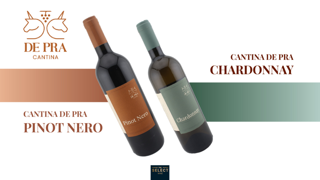 Two bottles of Cantina De Pra wine, Pinot Nero red wine and Chardonnay white wine, from The Select Wine premium Italian collection in Bangkok.