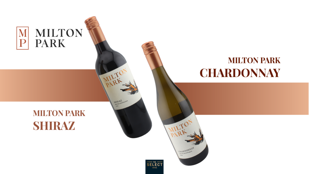 Two bottles of Milton Park wine, Shiraz red wine and Chardonnay white wine, from The Select Wine premium Australian collection in Bangkok.