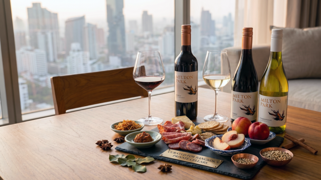 Milton Park Shiraz and Chardonnay wine bottles served on a table with a charcuterie board and local Thai spices against a Bangkok skyline background