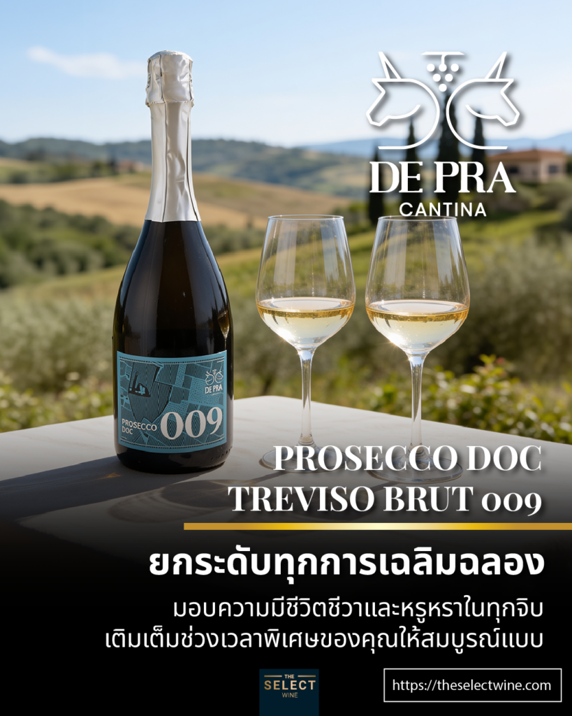 De Pra Prosecco on a table with two wine glasses